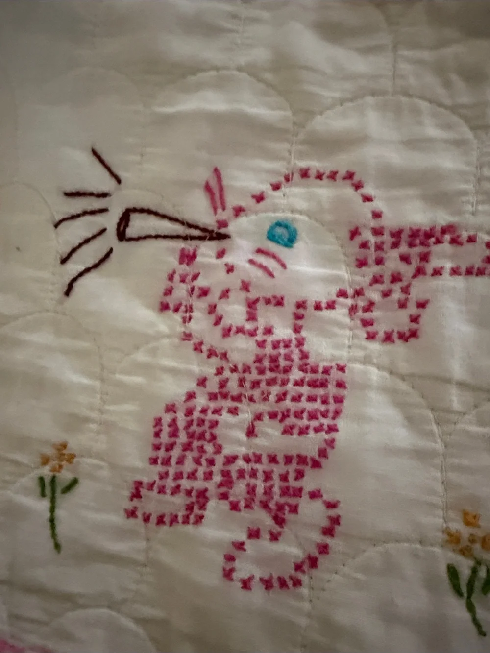 Pink and White Embroidered Baby Quilt - Cute Animal Patchwork handmade vintage